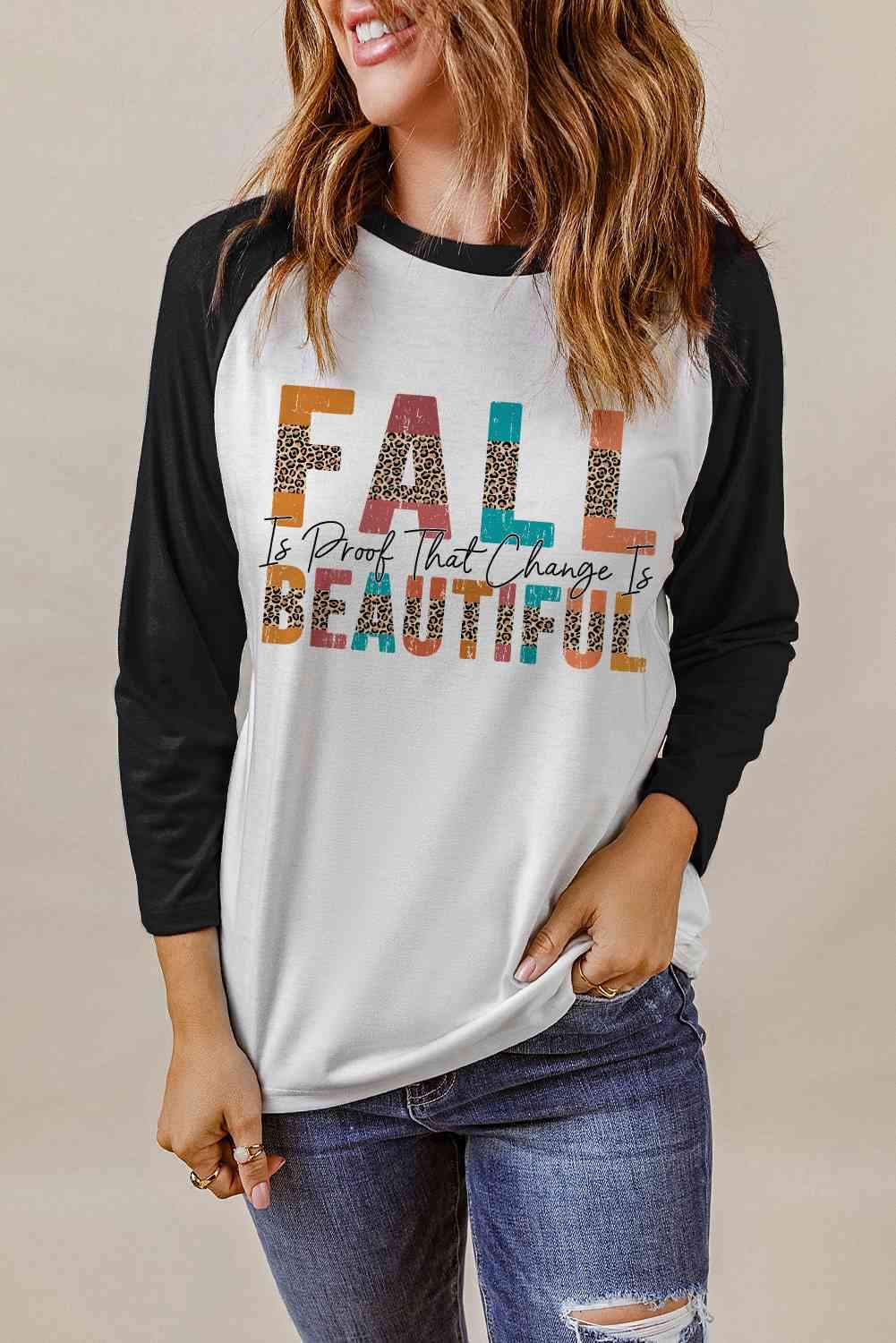 Round Neck Long Sleeve FALL IS PROOF THAT CHANGE IS BEAUTIFUL Graphic Tee White Women's T-Shirts - Tophatter Daily Deals