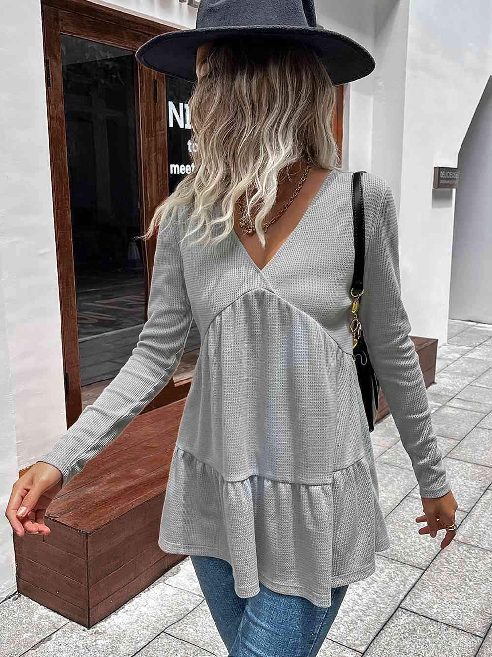 Waffle-Knit V-Neck Long Sleeve Blouse Blouses - Tophatter Daily Deals