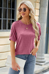 Round Neck Buttoned Short Sleeve T-Shirt Moonlit Mauve Women's T-Shirts - Tophatter Daily Deals