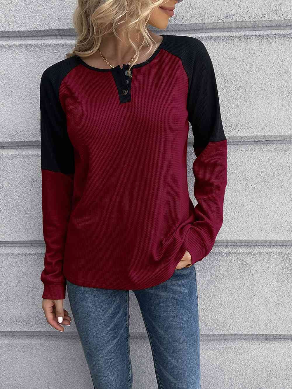 Contrast Buttoned Round Neck Raglan Sleeve Top Women's T-Shirts - Tophatter Daily Deals