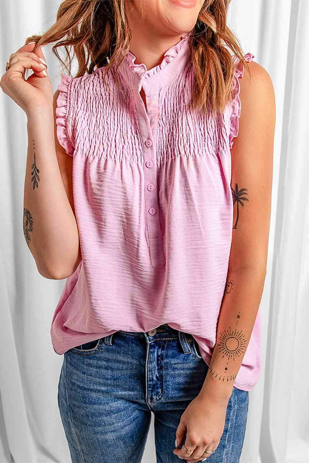 Buttoned Frill Trim Smocked Sleeveless Blouse Blush Pink Blouses - Tophatter Daily Deals