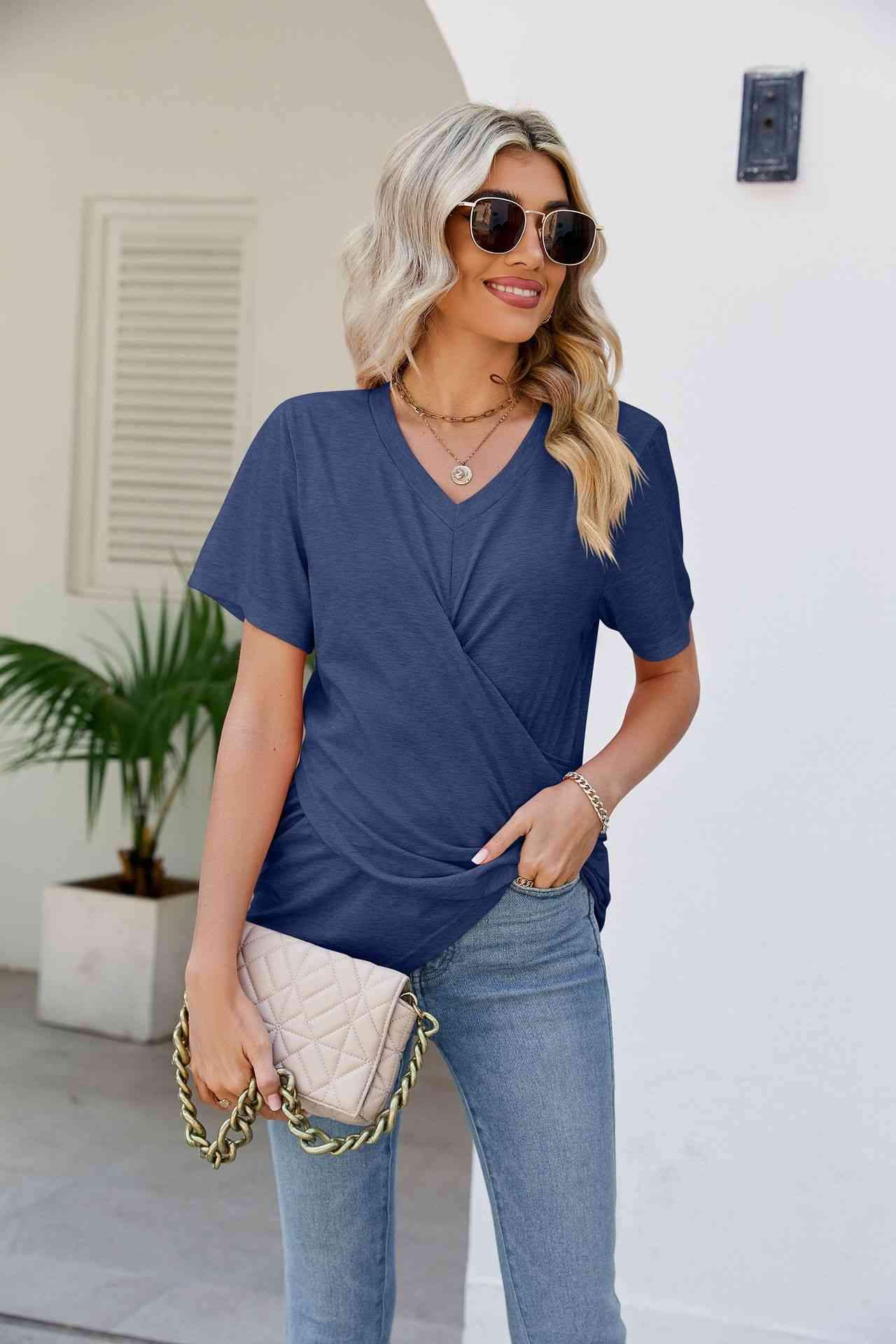 V-Neck Crisscross Short Sleeve Tee Dusty Blue Women's T-Shirts - Tophatter Daily Deals