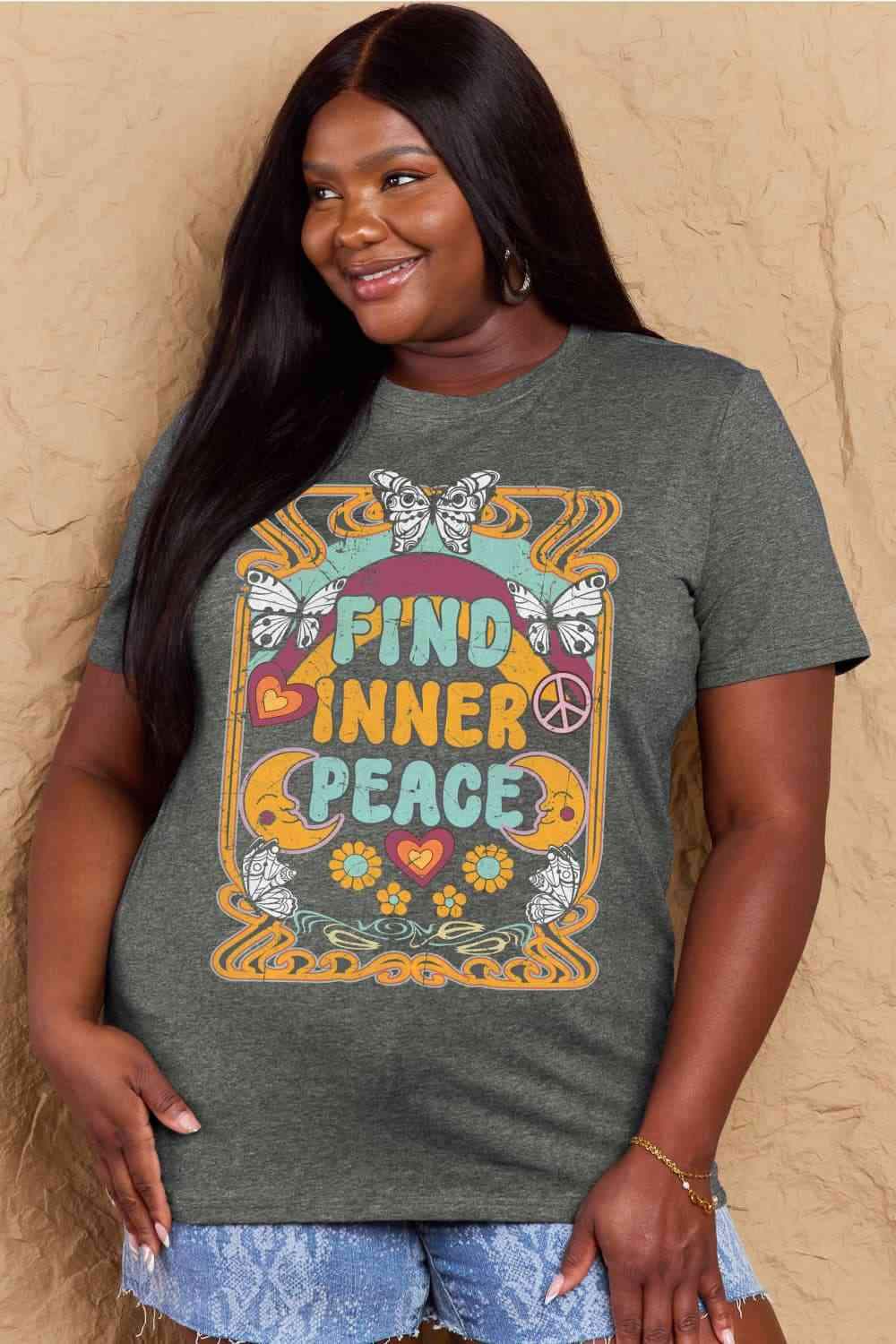 Simply Love Full Size FIND INNER PEACE Graphic Cotton T-Shirt Women's T-Shirts - Tophatter Daily Deals