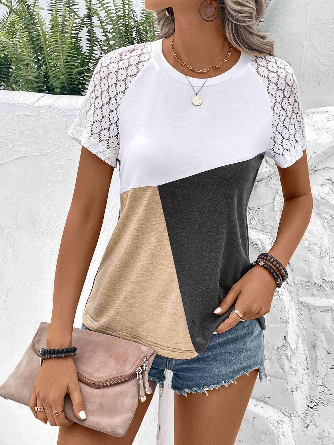 Color Block Raglan Sleeve Round Neck Tee Women's T-Shirts - Tophatter Daily Deals