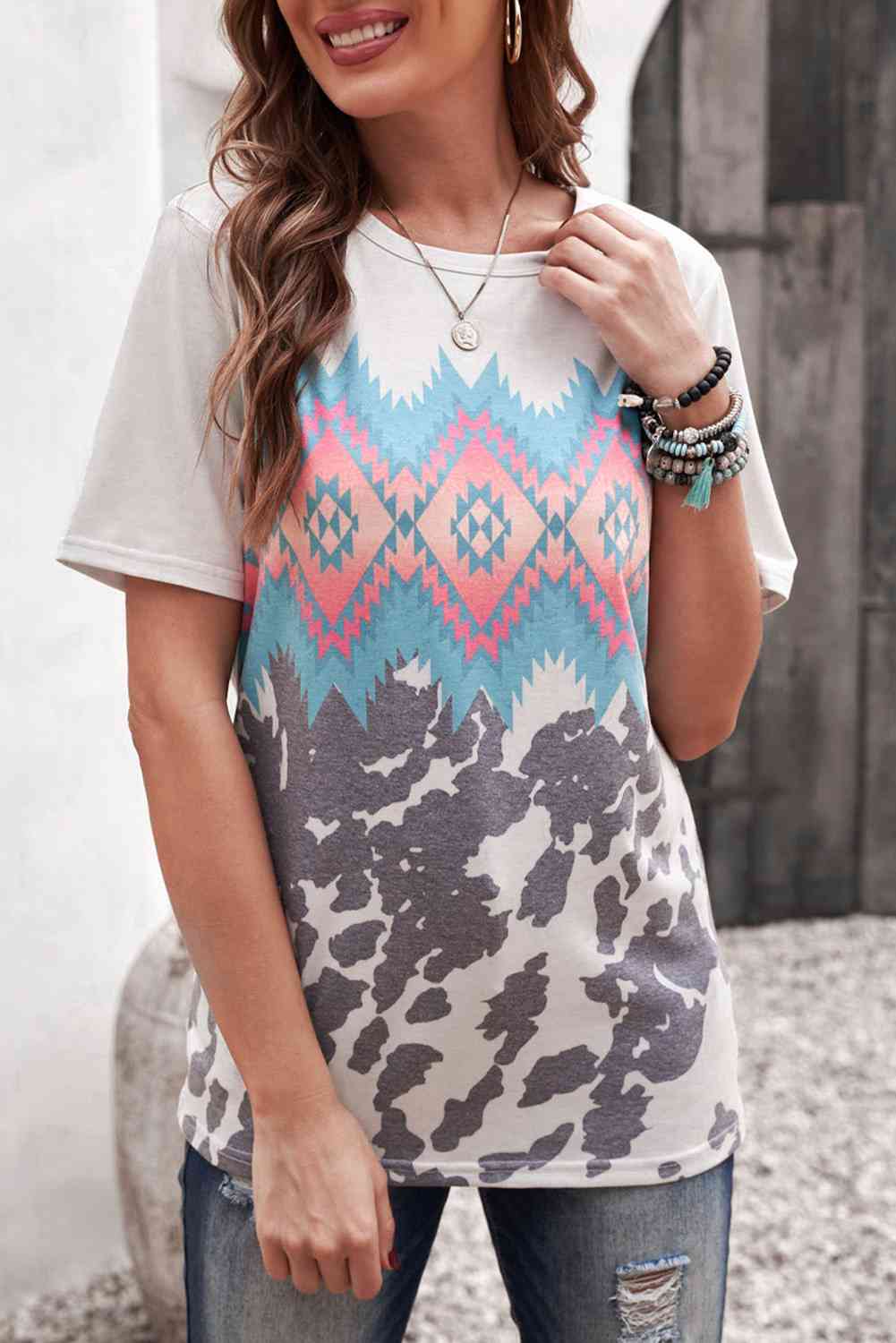 Printed Round Neck Tunic Tee Women's T-Shirts - Tophatter Daily Deals