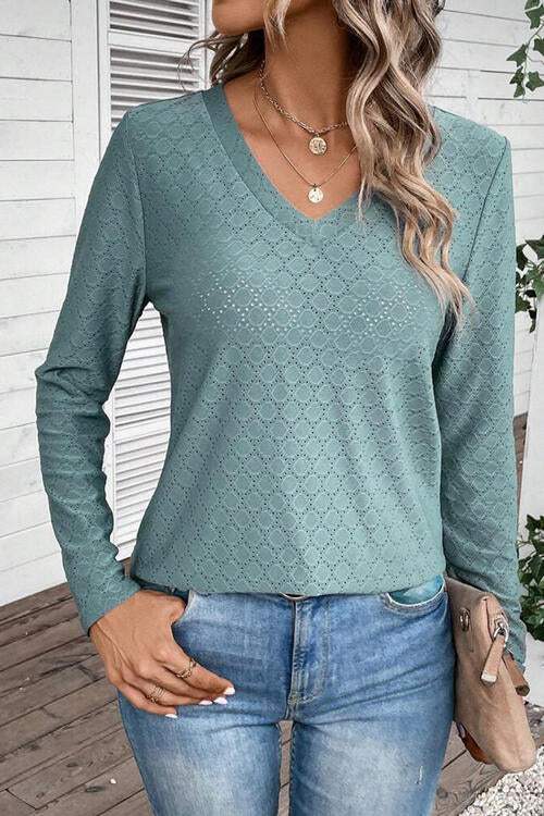Eyelet V-Neck Long Sleeve T-Shirt Women's T-Shirts - Tophatter Daily Deals
