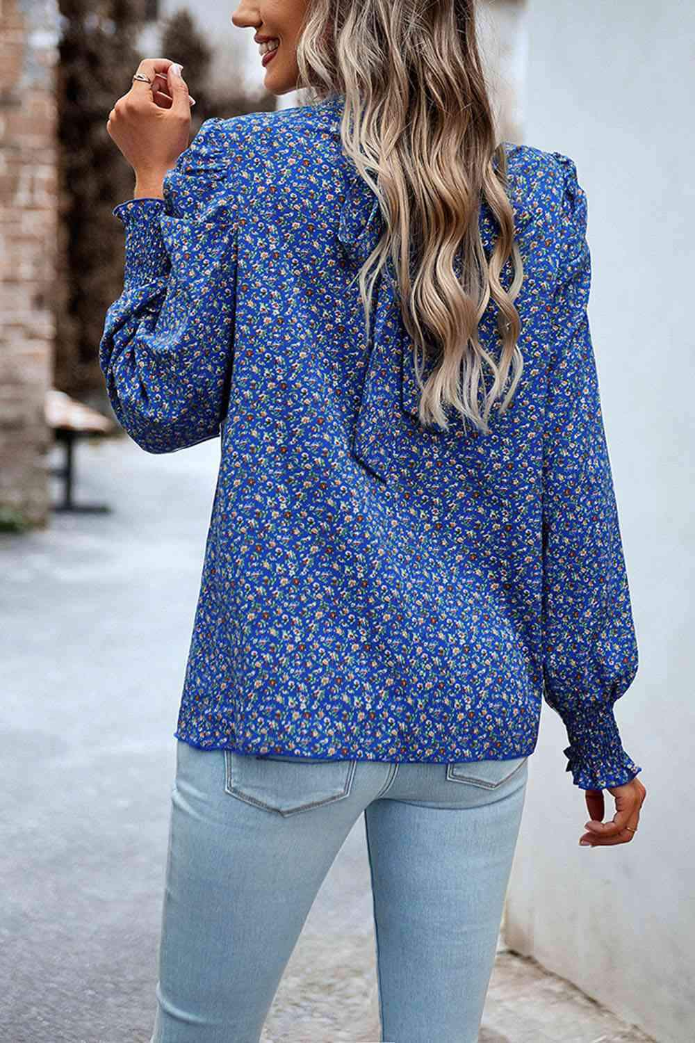 Printed Smocked Puff Sleeve Blouse Blouses - Tophatter Daily Deals