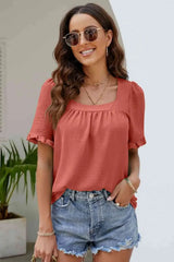 Frill Trim Puff Sleeve Square Neck Blouse Blouses - Tophatter Daily Deals