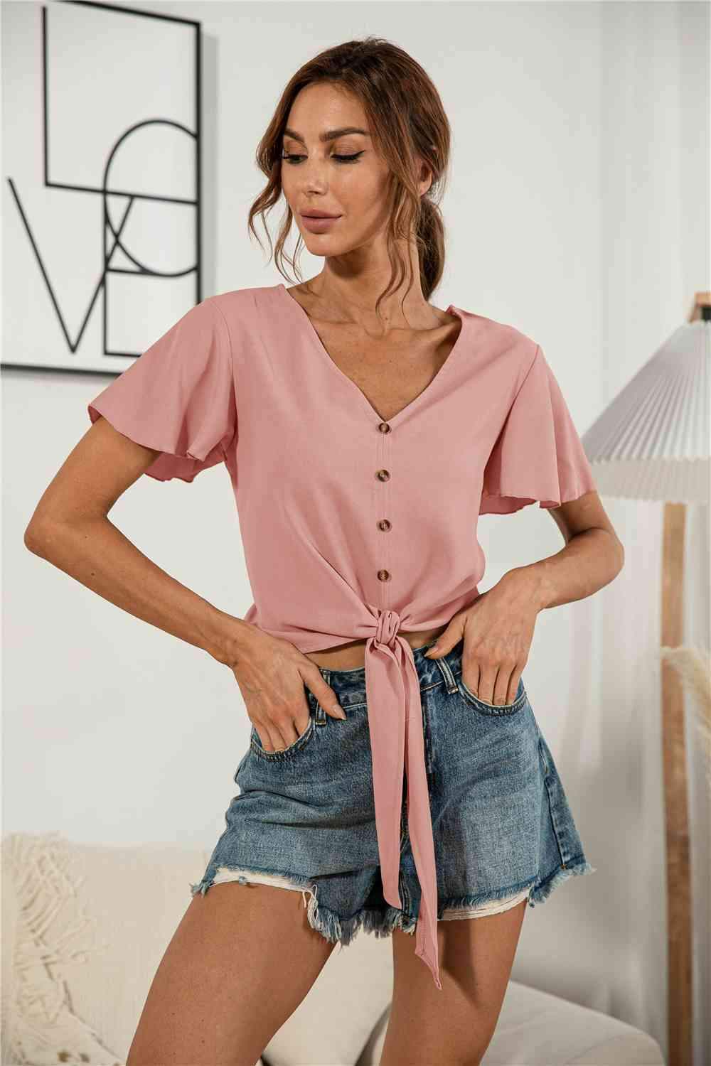 Decorative Button V-Neck Tied Blouse Blush Pink Blouses - Tophatter Daily Deals