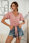 Decorative Button V-Neck Tied Blouse Blush Pink Blouses - Tophatter Daily Deals