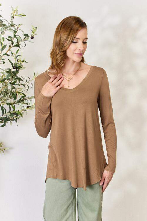 Zenana Full Size Long Sleeve V-Neck Top Deep Camel Blouses - Tophatter Daily Deals