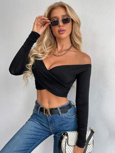 Crisscross Long Sleeve Cropped Top Black Blouses - Tophatter Daily Deals