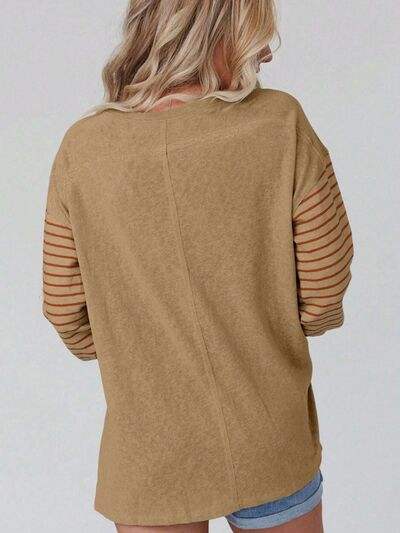 Round Neck Striped Long Sleeve Slit T-Shirt Women's T-Shirts - Tophatter Daily Deals