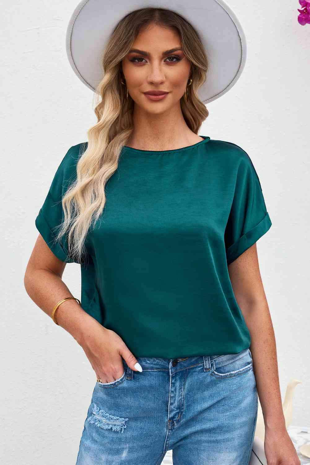 Round Neck Cuffed Sleeve Top Women's T-Shirts - Tophatter Daily Deals