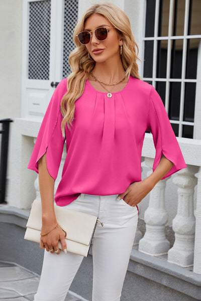 Round Neck Slit Half Sleeve Top Women's T-Shirts - Tophatter Daily Deals