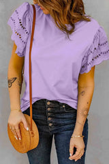 Round Neck Openwork Flutter Sleeve Top Purple Blouses - Tophatter Daily Deals