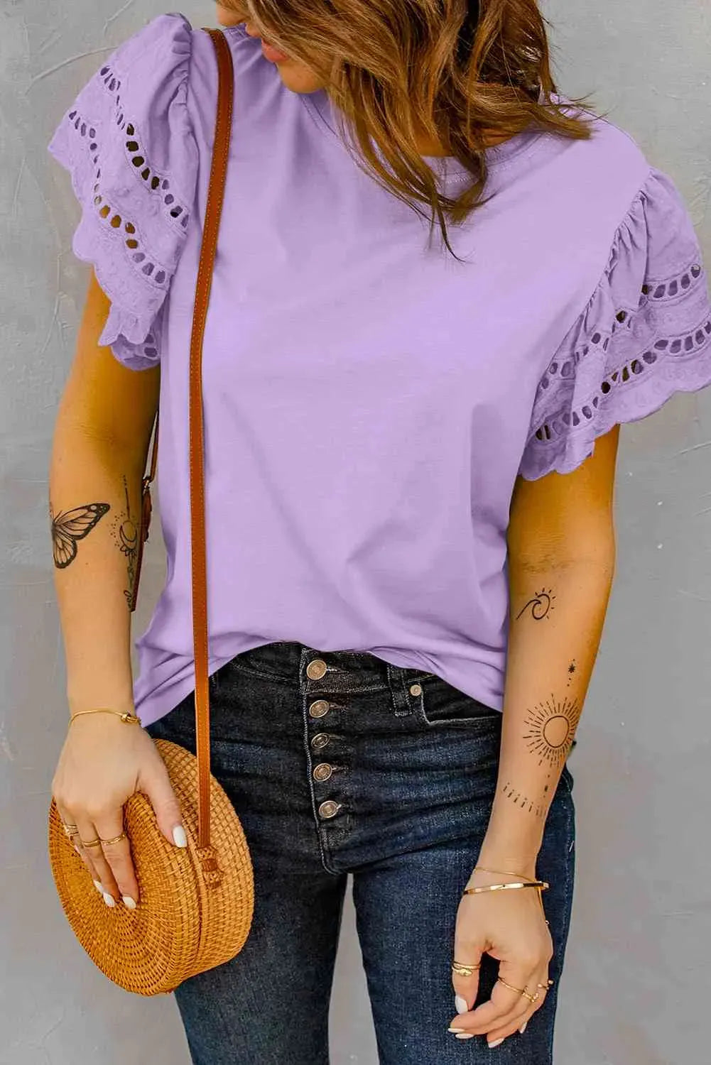 Round Neck Openwork Flutter Sleeve Top Purple Blouses - Tophatter Daily Deals