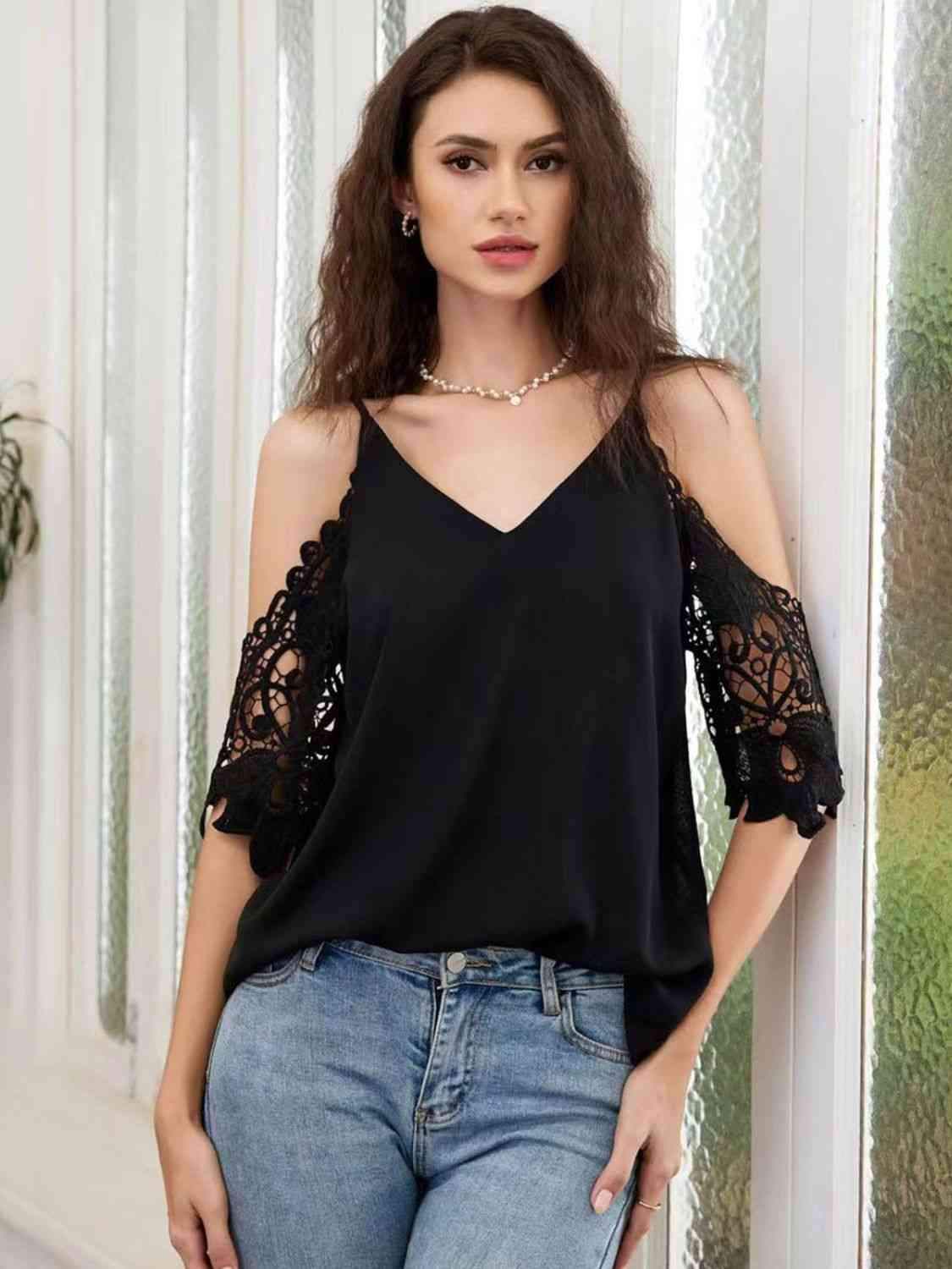 Cold-Shoulder V-Neck Spliced Lace Blouse Blouses - Tophatter Daily Deals