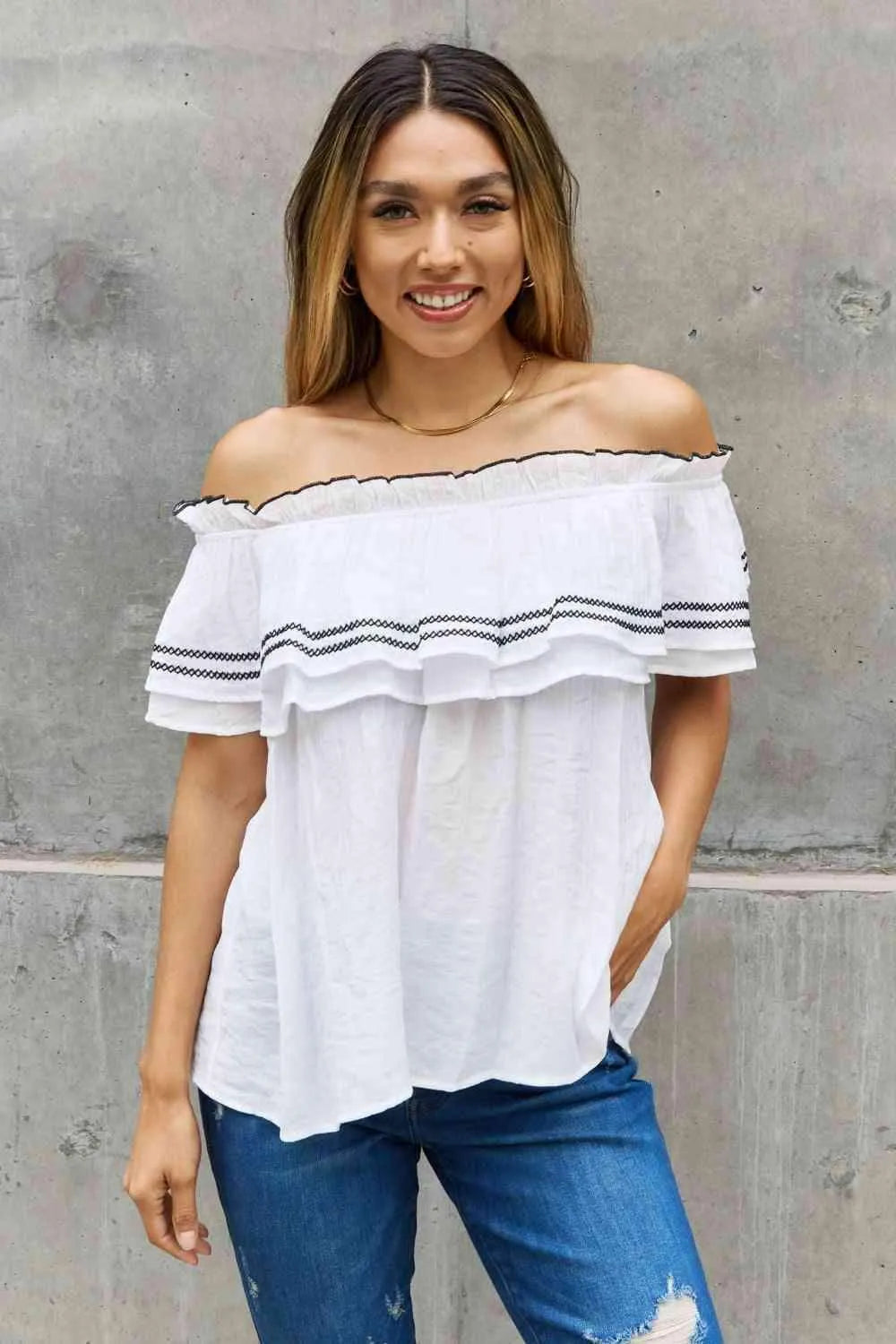 ODDI Full Size Off The Shoulder Ruffle Blouse Blouses - Tophatter Daily Deals