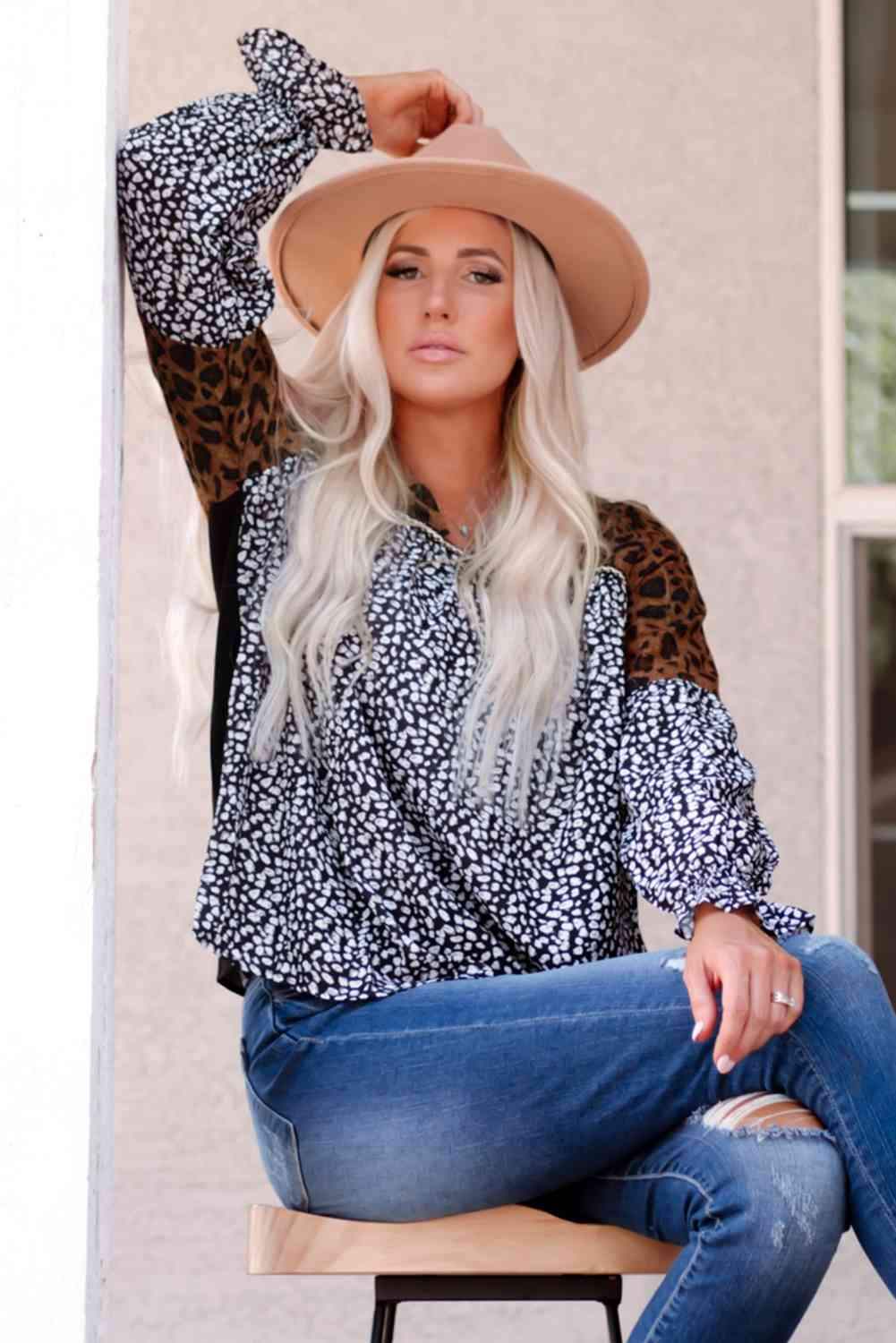 Animal Print Color Block V-Neck Flounce Sleeve Blouse Blouses - Tophatter Daily Deals