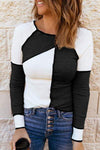 Color Block Round Neck Long Sleeve T-Shirt White Women's T-Shirts - Tophatter Daily Deals