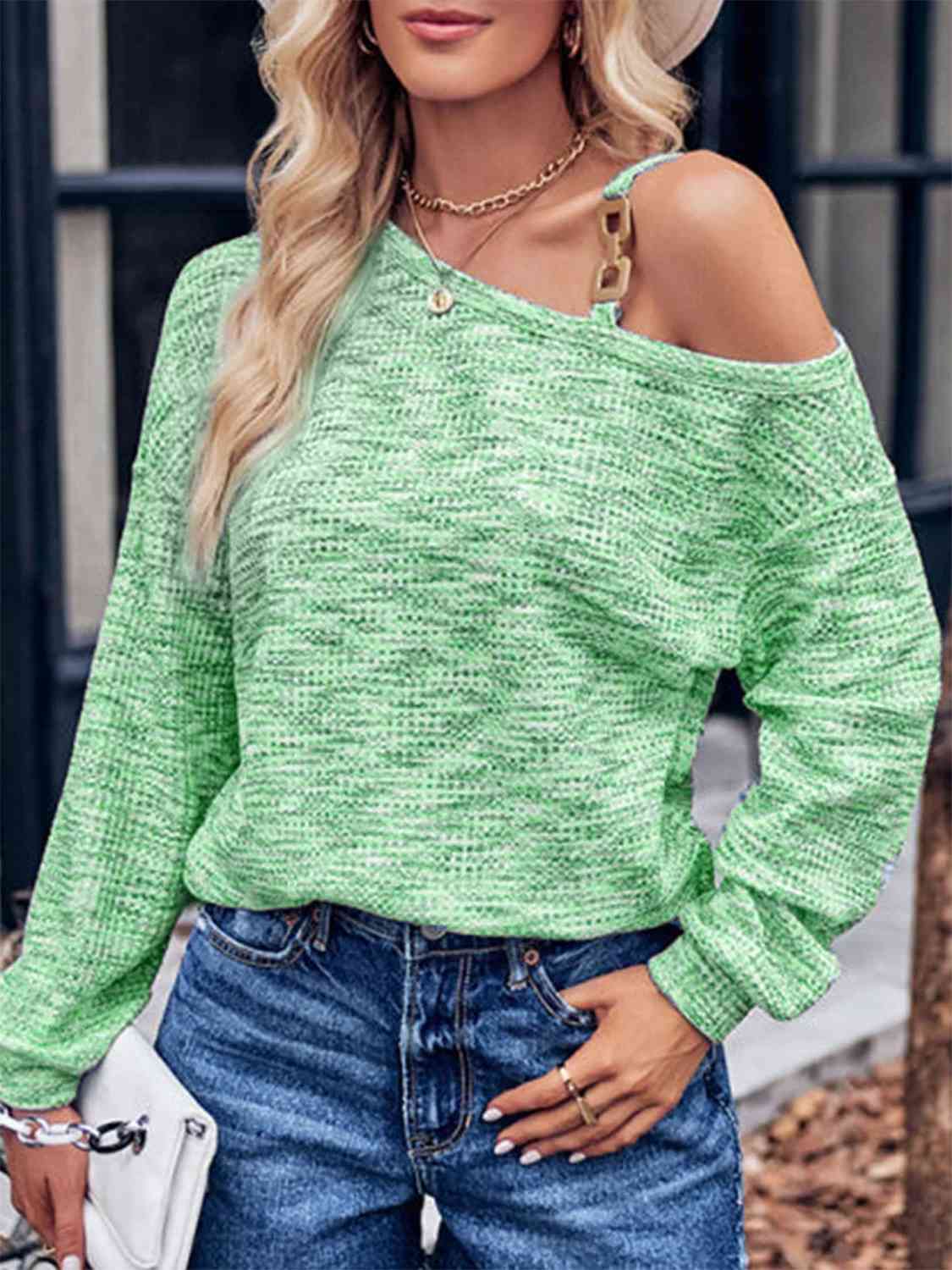 Heathered Asymmetrical Neck Long Sleeve T-Shirt Mint Green Women's T-Shirts - Tophatter Daily Deals