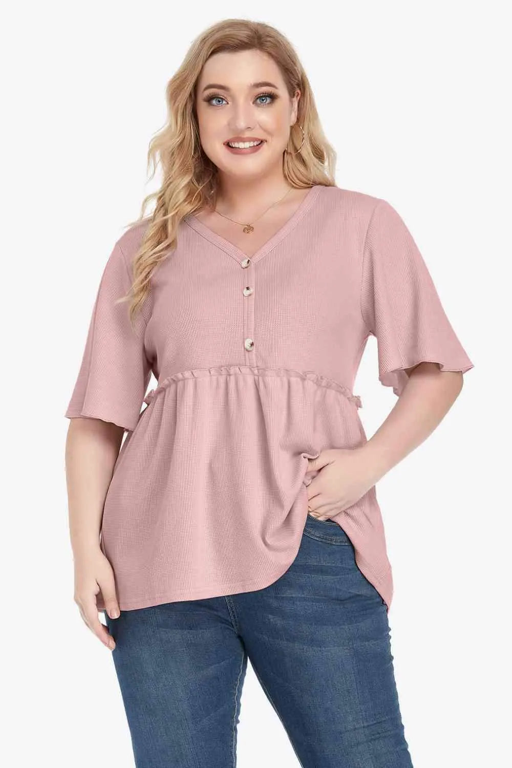 Plus Size Buttoned V-Neck Frill Trim Babydoll Blouse Blouses - Tophatter Daily Deals