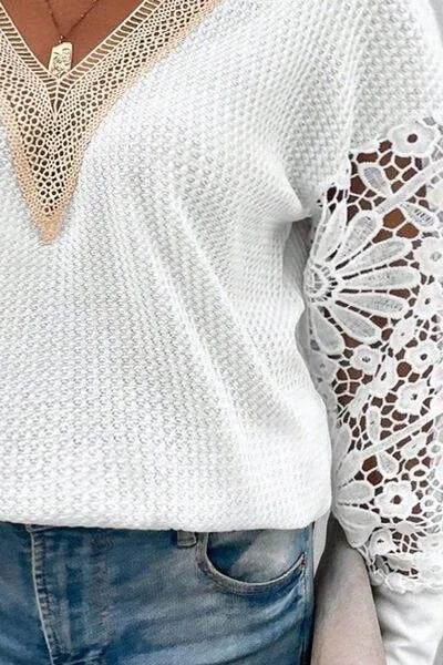 Plus Size Waffle-Knit Crochet V-Neck Blouse Blouses - Tophatter Daily Deals