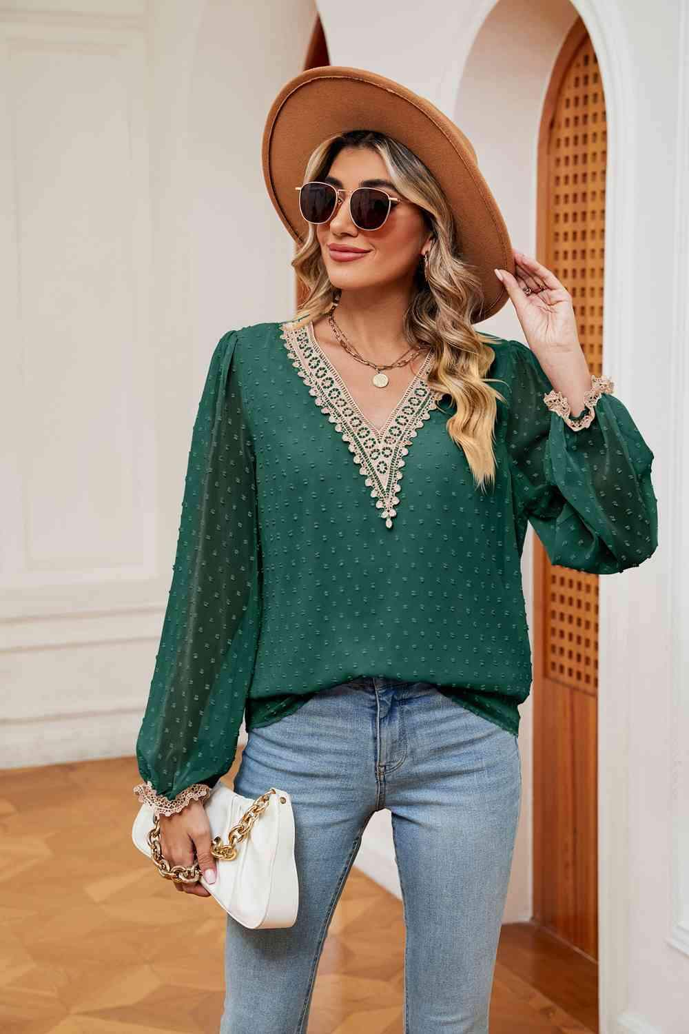 Swiss Dot Contrast V-Neck Blouse Blouses - Tophatter Daily Deals