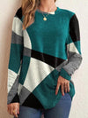 Color Block Round Neck Long Sleeve T-Shirt Teal Women's T-Shirts - Tophatter Daily Deals