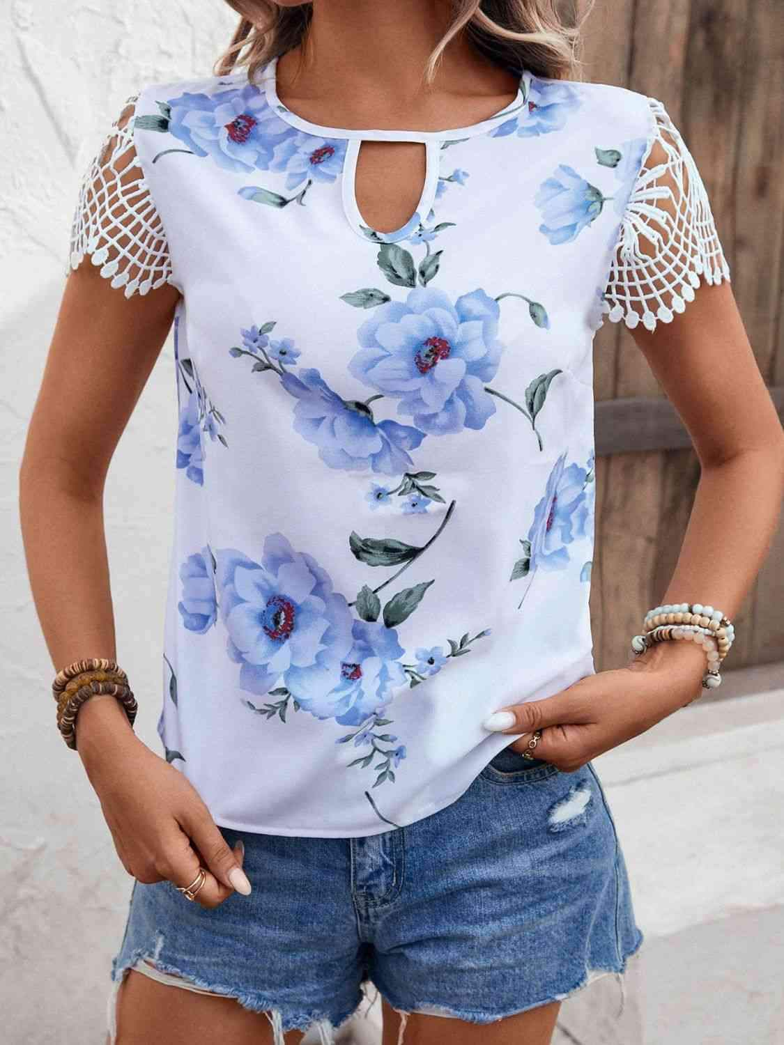 Floral Cutout Round Neck Blouse Blouses - Tophatter Daily Deals