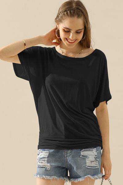 Ninexis Boat Neck Short Sleeve Ruched Side Top BLACK Blouses - Tophatter Daily Deals