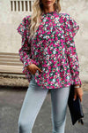 Printed Round Neck Flounce Sleeve Blouse Deep Rose Blouses - Tophatter Daily Deals