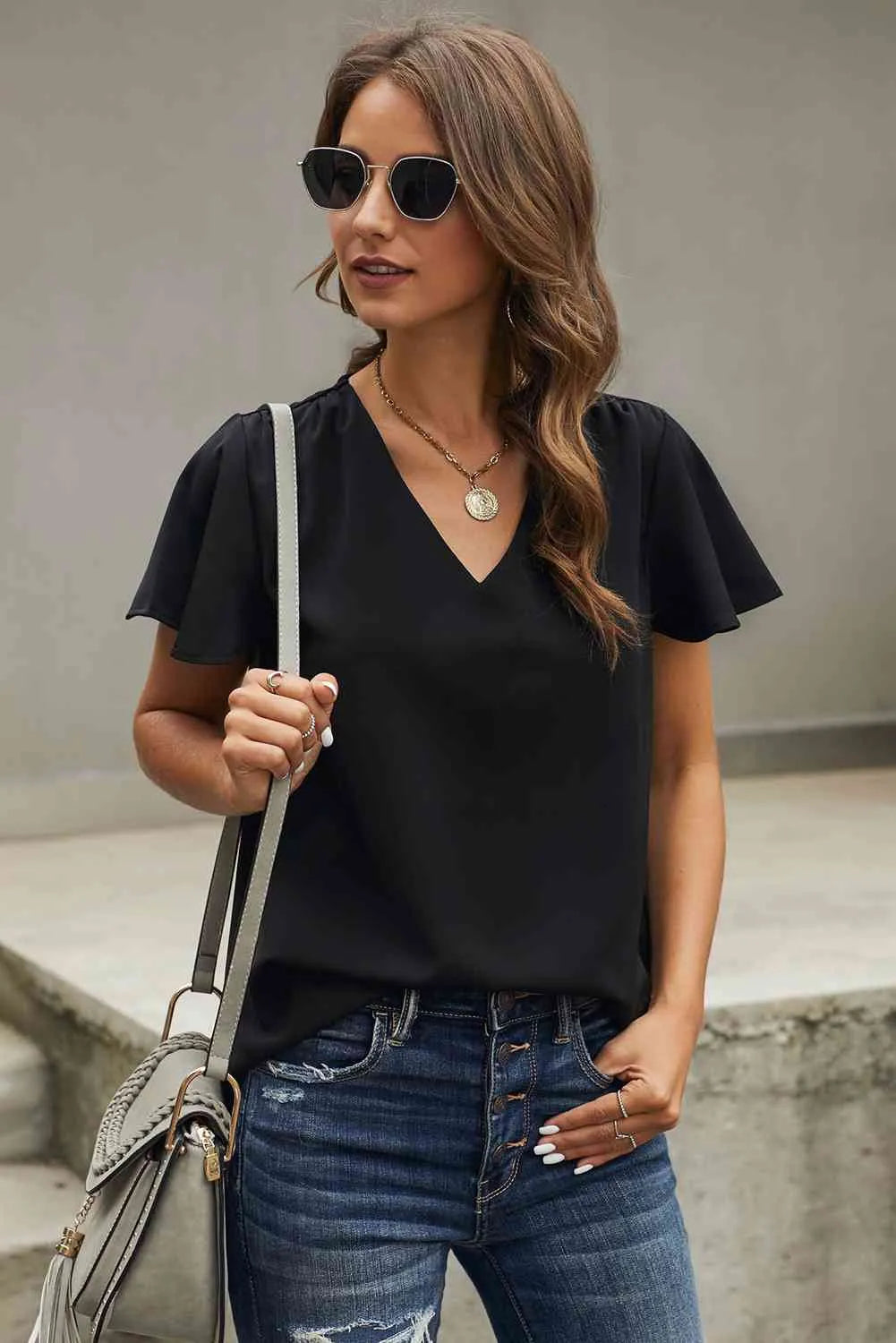 V-Neck Flutter Sleeve Blouse Black Blouses - Tophatter Daily Deals