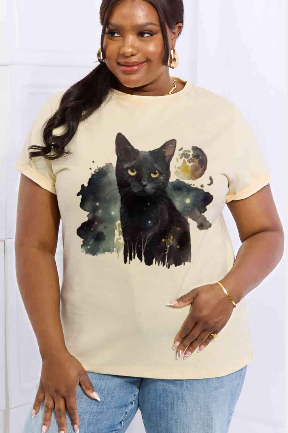 Simply Love Full Size Black Cat Graphic Cotton Tee Ivory Women's T-Shirts - Tophatter Daily Deals