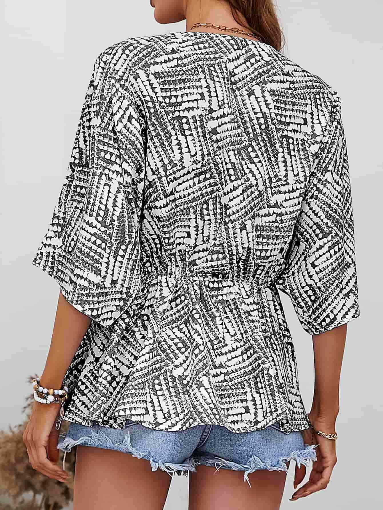 Printed V-Neck Dolman Sleeve Blouse Blouses - Tophatter Daily Deals