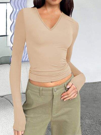 V-Neck Long Sleeve T-Shirt Light Apricot Women's T-Shirts - Tophatter Daily Deals