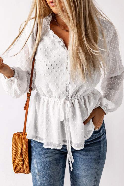 Ruffle Trim Drawstring Long Sleeve Blouse Blouses - Tophatter Daily Deals