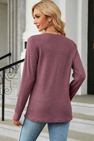 Waffle-Knit Notched Long Sleeve T-Shirt Women's T-Shirts - Tophatter Daily Deals