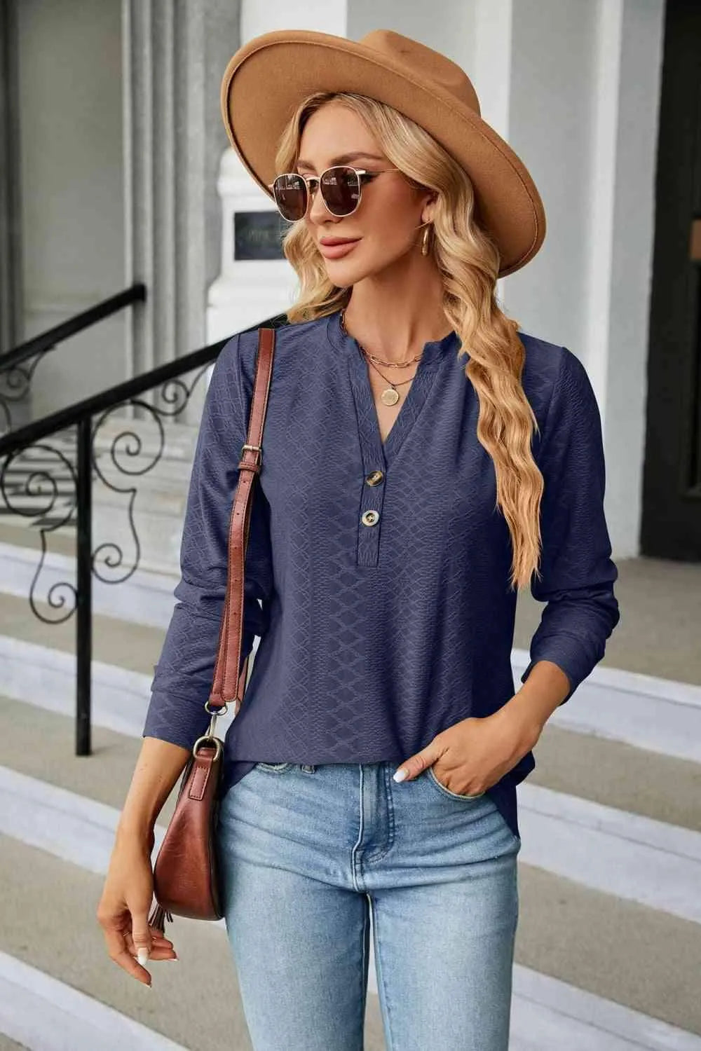 Notched Neck Long Sleeve Buttoned Blouse Blouses - Tophatter Daily Deals