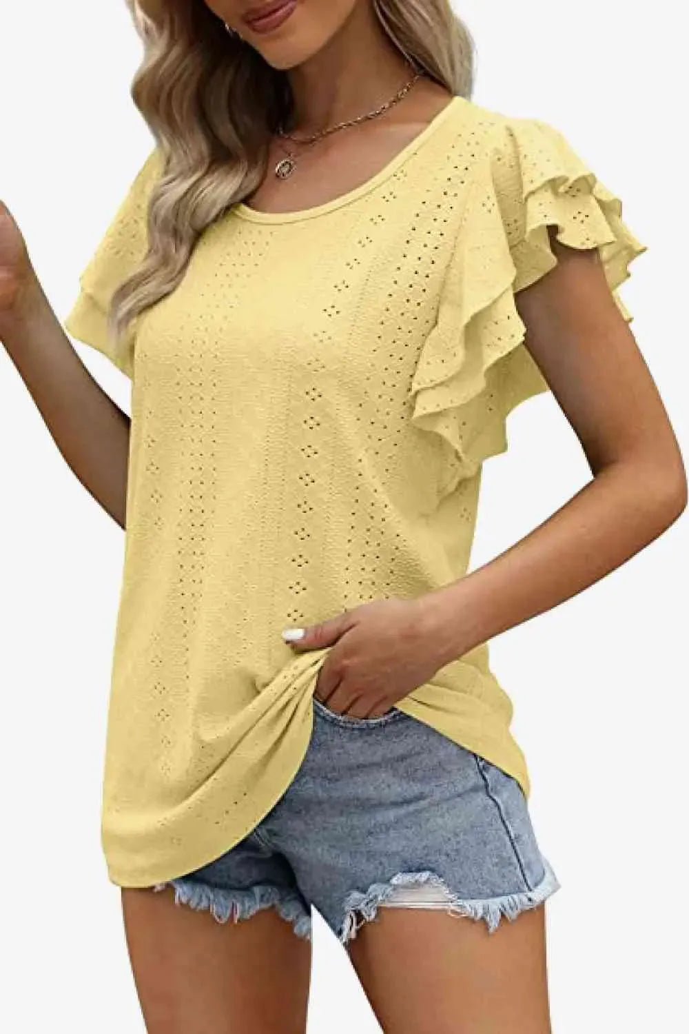 Round Neck Layered Flutter Sleeve Blouse Blouses - Tophatter Daily Deals