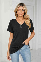 Decorative Button V-Neck T-Shirt Black Women's T-Shirts - Tophatter Daily Deals