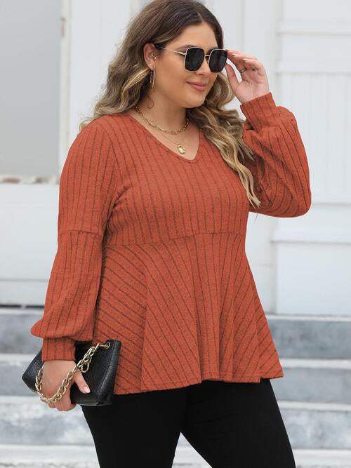 Plus Size Ribbed V-Neck Long Sleeve Blouse Blouses - Tophatter Daily Deals