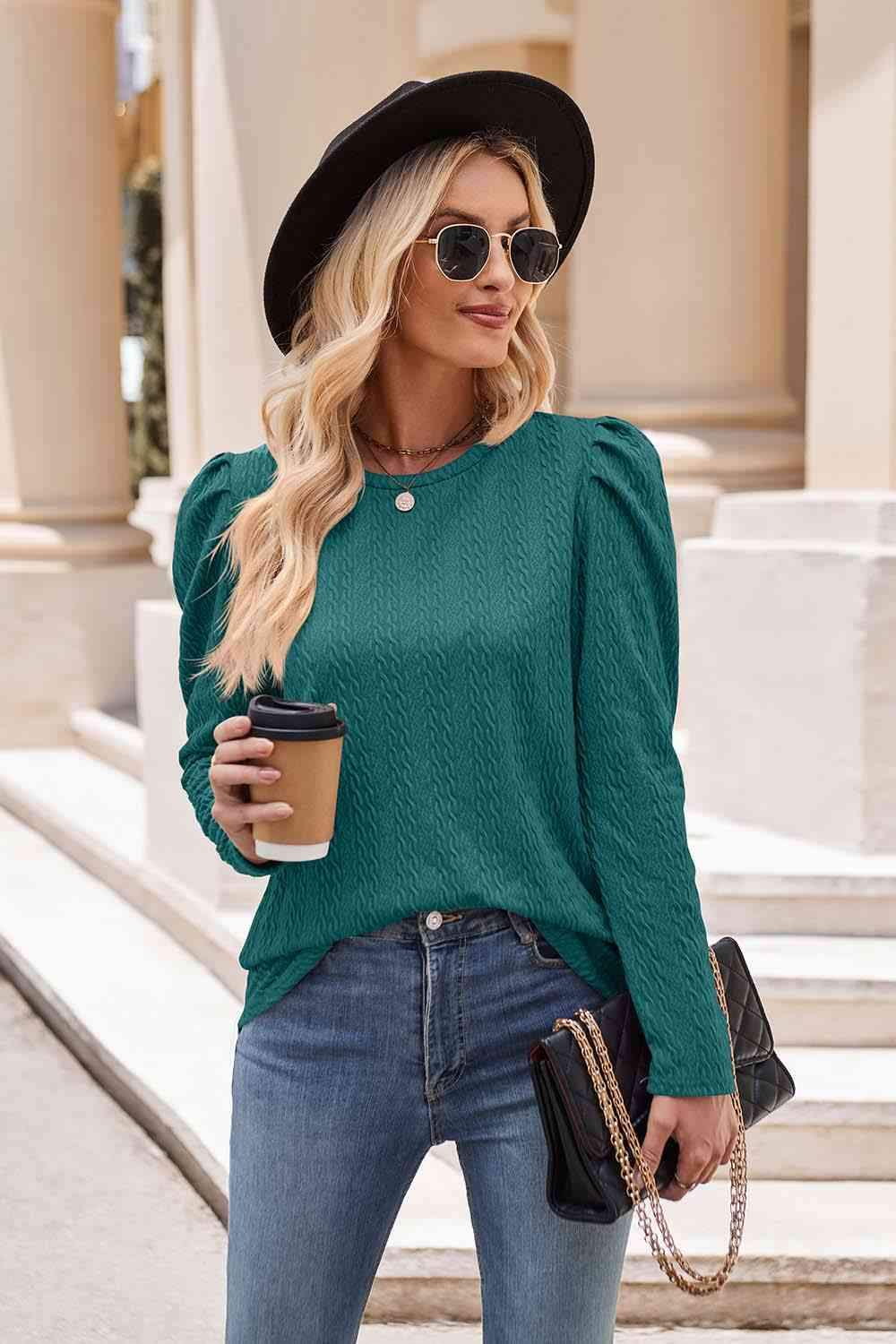 Round Neck Puff Sleeve Blouse Teal Blouses - Tophatter Daily Deals