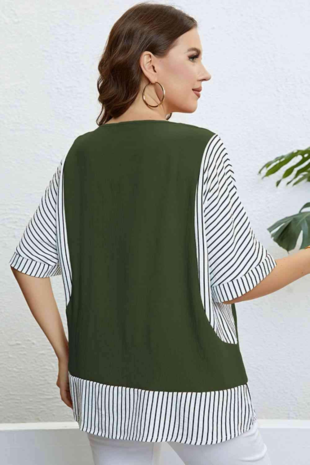 Plus Size Striped Round Neck Half Sleeve Top Blouses - Tophatter Daily Deals