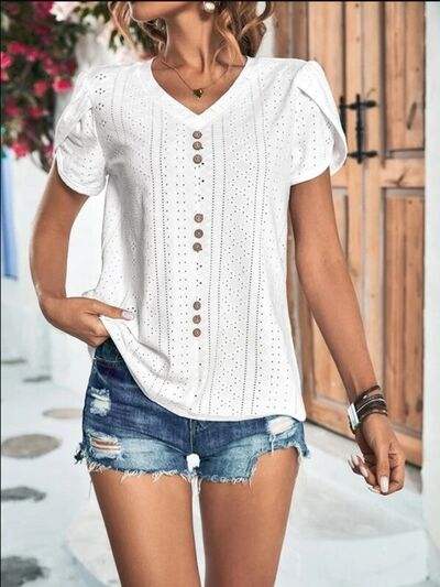 Eyelet V-Neck Petal Sleeve T-Shirt Women's T-Shirts - Tophatter Daily Deals