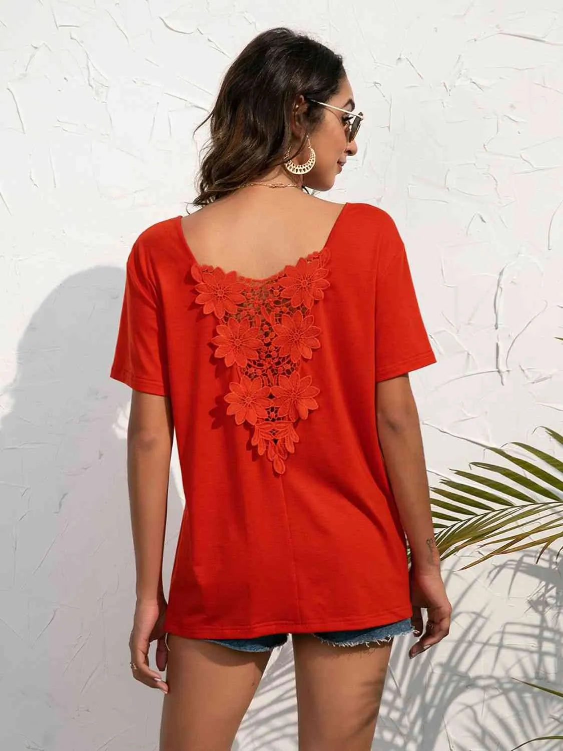 Lace Trim Short Sleeve Top Red Orange Blouses - Tophatter Daily Deals