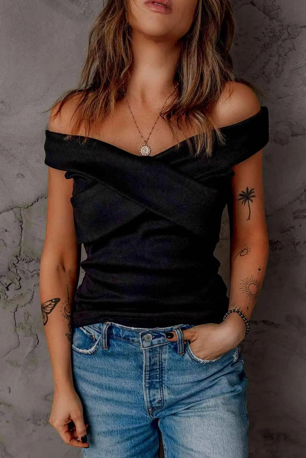 Off-Shoulder Ribbed Crisscross Top Black Blouses - Tophatter Daily Deals
