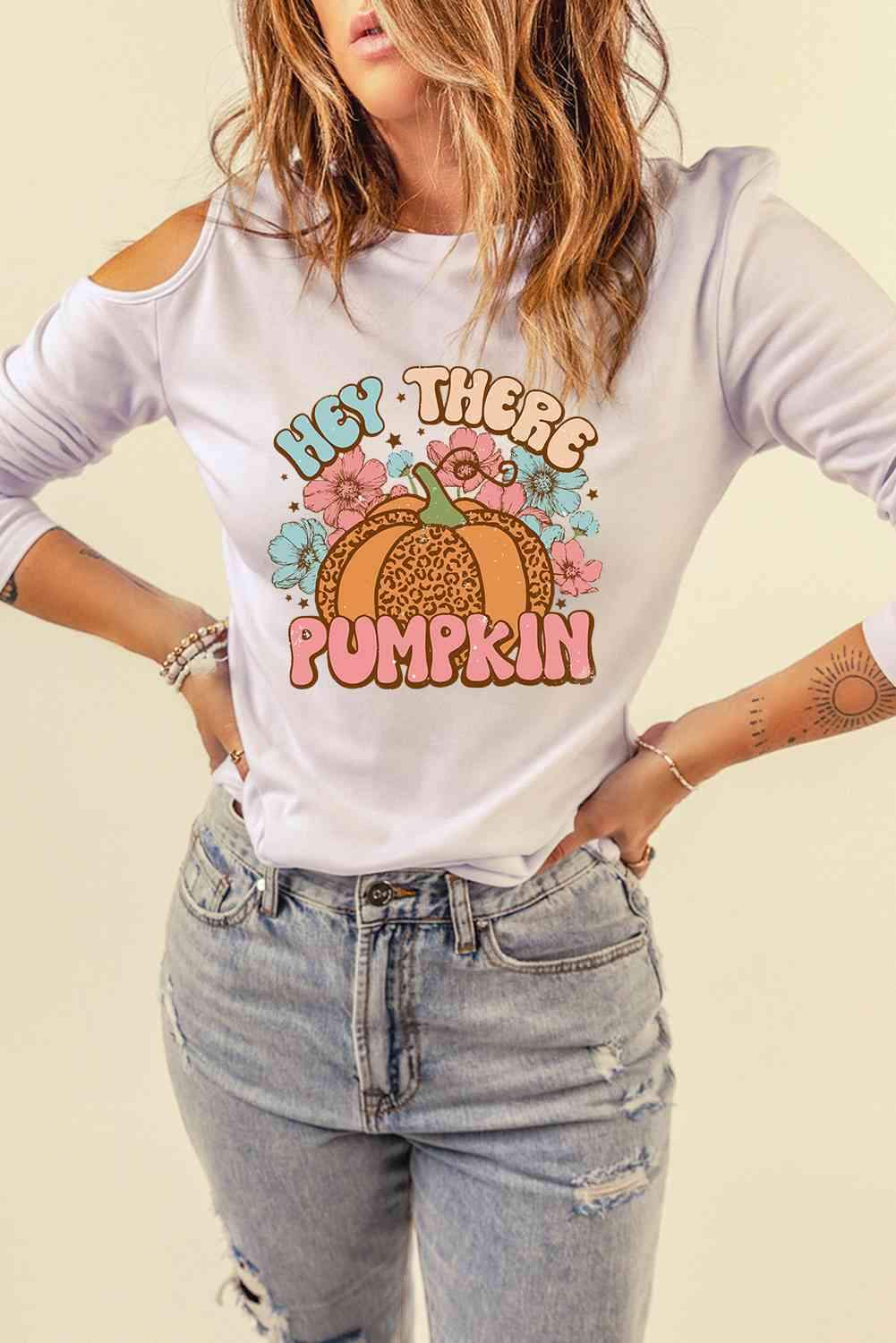 Asymmetrical HEY THERE PUMPKIN Graphic Cold Shoulder Tee Women's T-Shirts - Tophatter Daily Deals