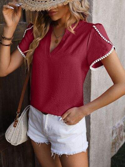 Contrast Trim Pom-Pom Detail Notched Neck Blouse Wine Blouses - Tophatter Daily Deals